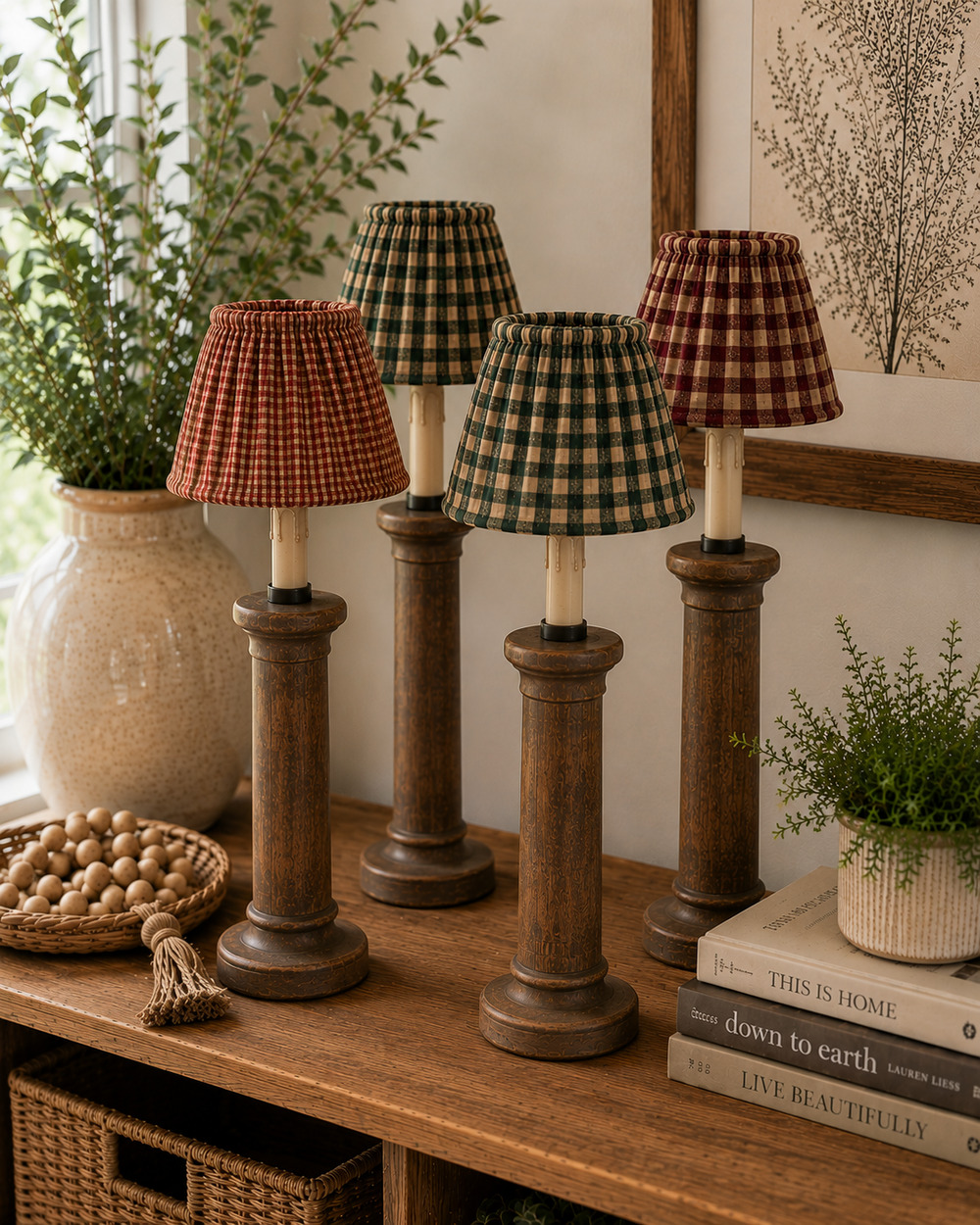 Lot of 4 Lamp Shade 4-5 inch Red & Tan Green & Cream Country Primitive Handmade
